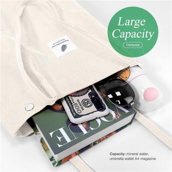 Tote Corduroy Bag Women's Shoulder Purses for Office School Shopping Travel - Picture 4 of 6